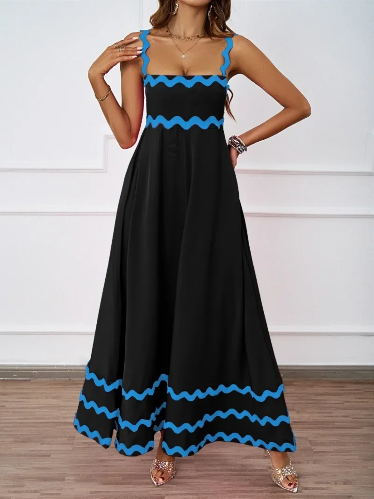 Holiday High Waist Backless Sleeveless Contrast Colors Maxi Dress