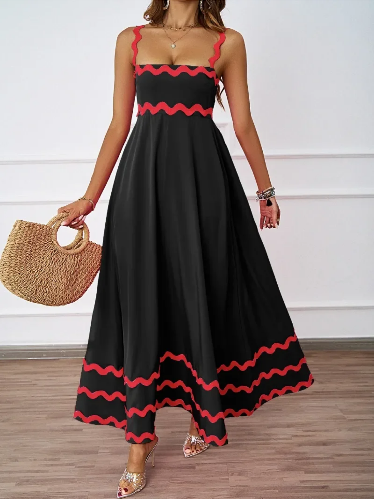 Holiday High Waist Backless Sleeveless Contrast Colors Maxi Dress