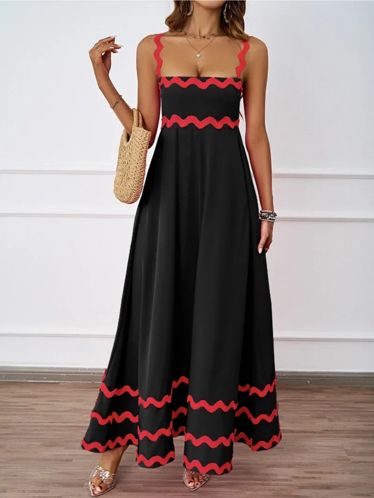 Holiday High Waist Backless Sleeveless Contrast Colors Maxi Dress