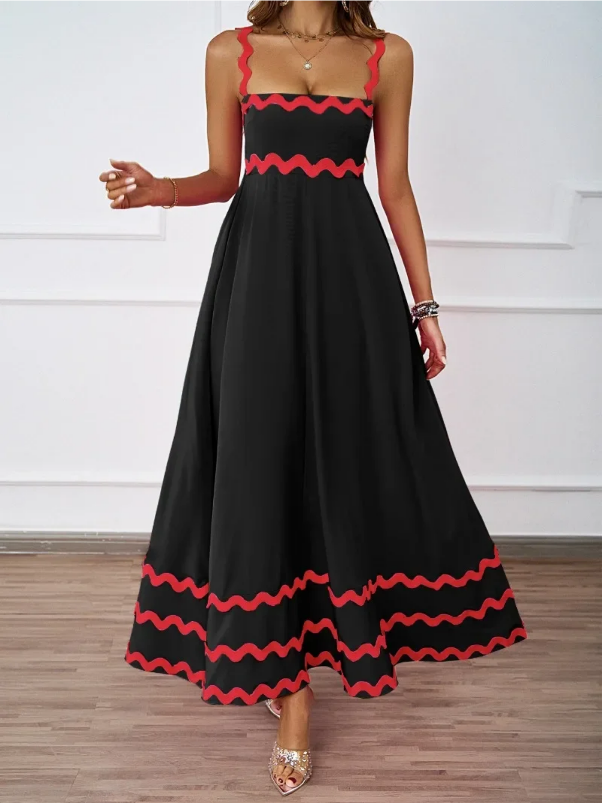 Holiday High Waist Backless Sleeveless Contrast Colors Maxi Dress
