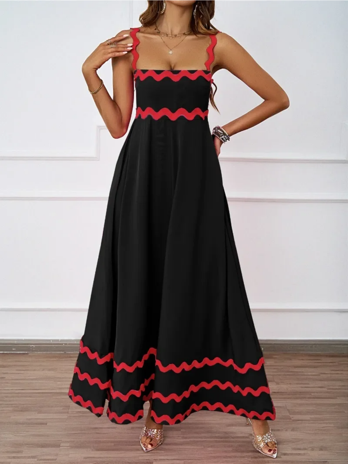 Holiday High Waist Backless Sleeveless Contrast Colors Maxi Dress