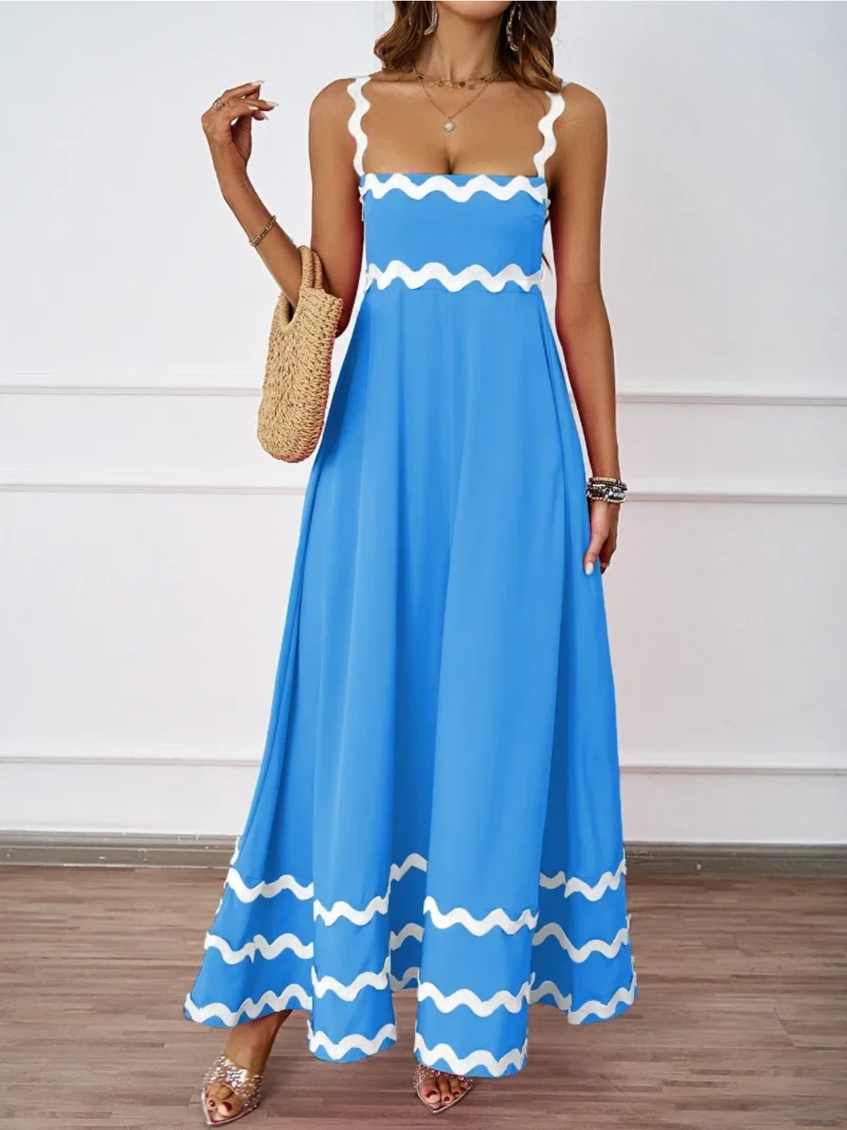 Holiday High Waist Backless Sleeveless Contrast Colors Maxi Dress