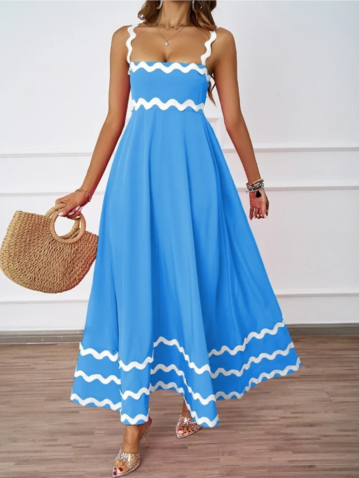 Holiday High Waist Backless Sleeveless Contrast Colors Maxi Dress
