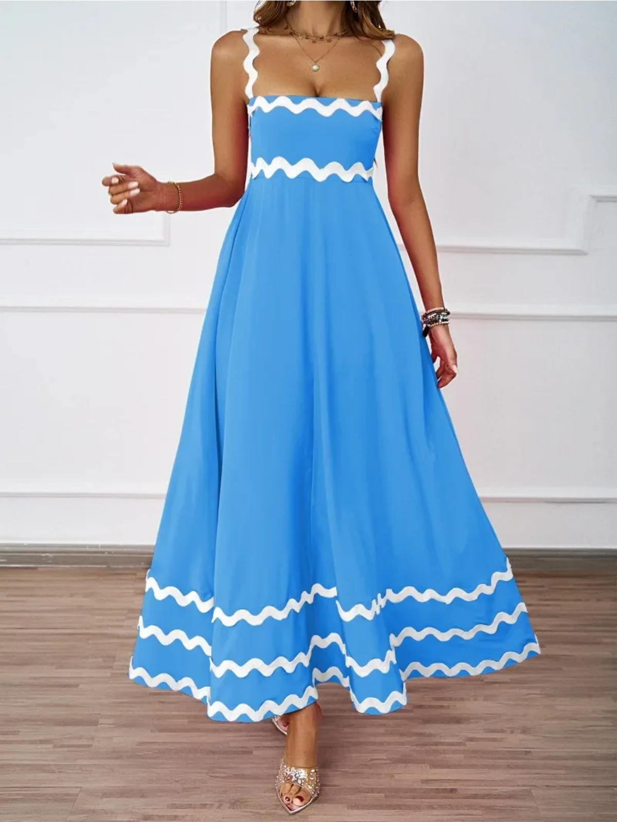 Holiday High Waist Backless Sleeveless Contrast Colors Maxi Dress