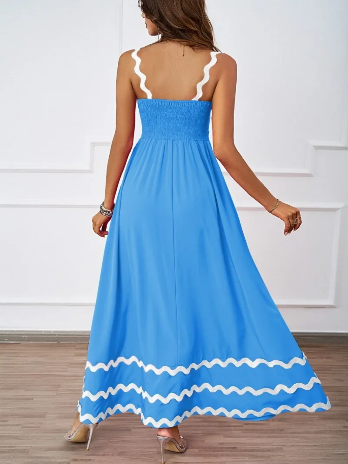 Holiday High Waist Backless Sleeveless Contrast Colors Maxi Dress