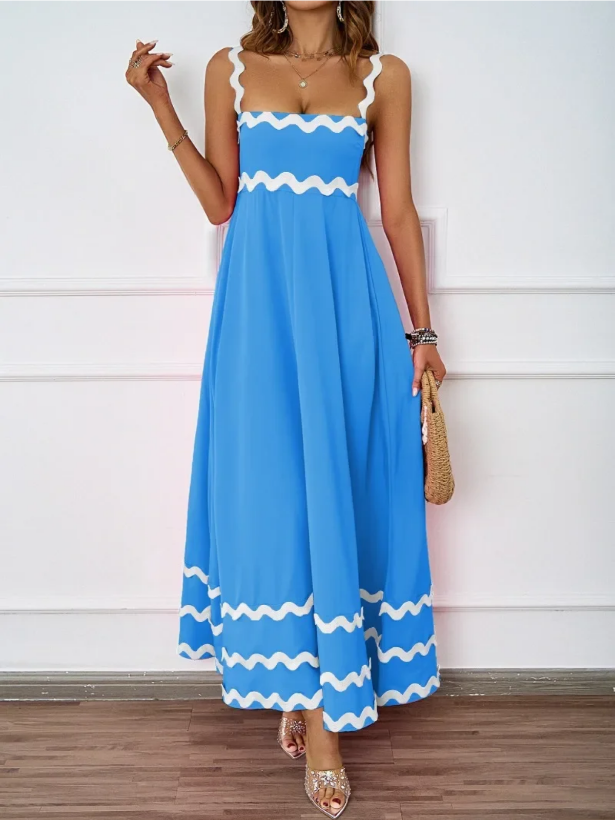 Holiday High Waist Backless Sleeveless Contrast Colors Maxi Dress
