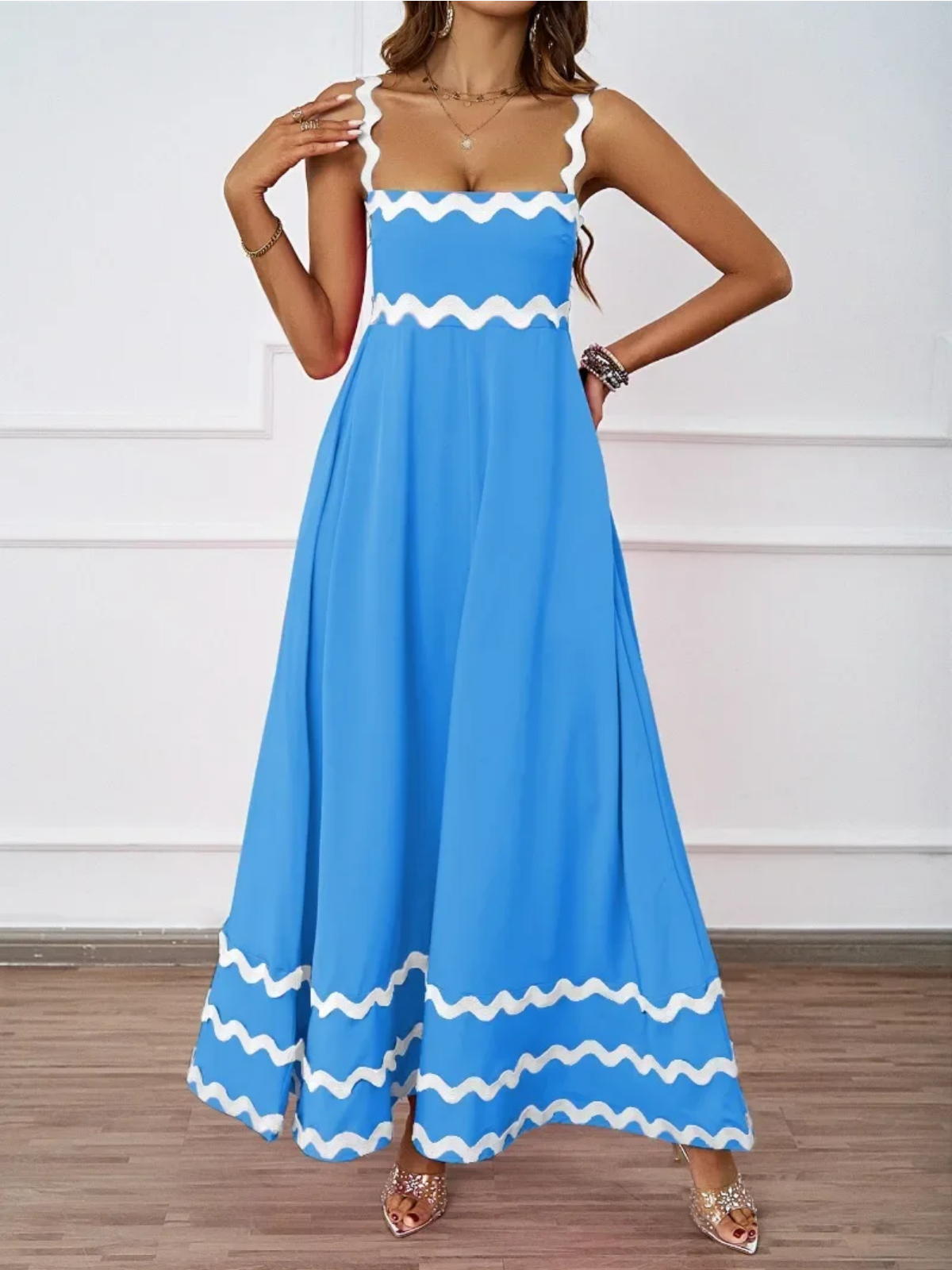 Holiday High Waist Backless Sleeveless Contrast Colors Maxi Dress