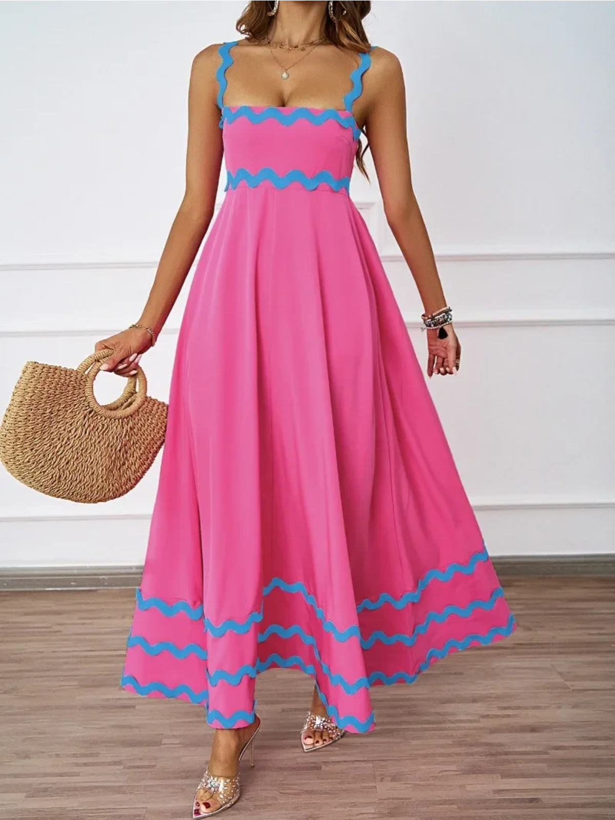 Holiday High Waist Backless Sleeveless Contrast Colors Maxi Dress