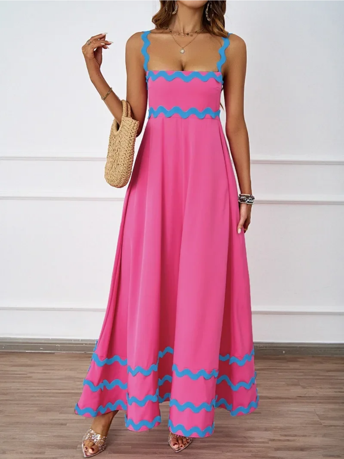 Holiday High Waist Backless Sleeveless Contrast Colors Maxi Dress