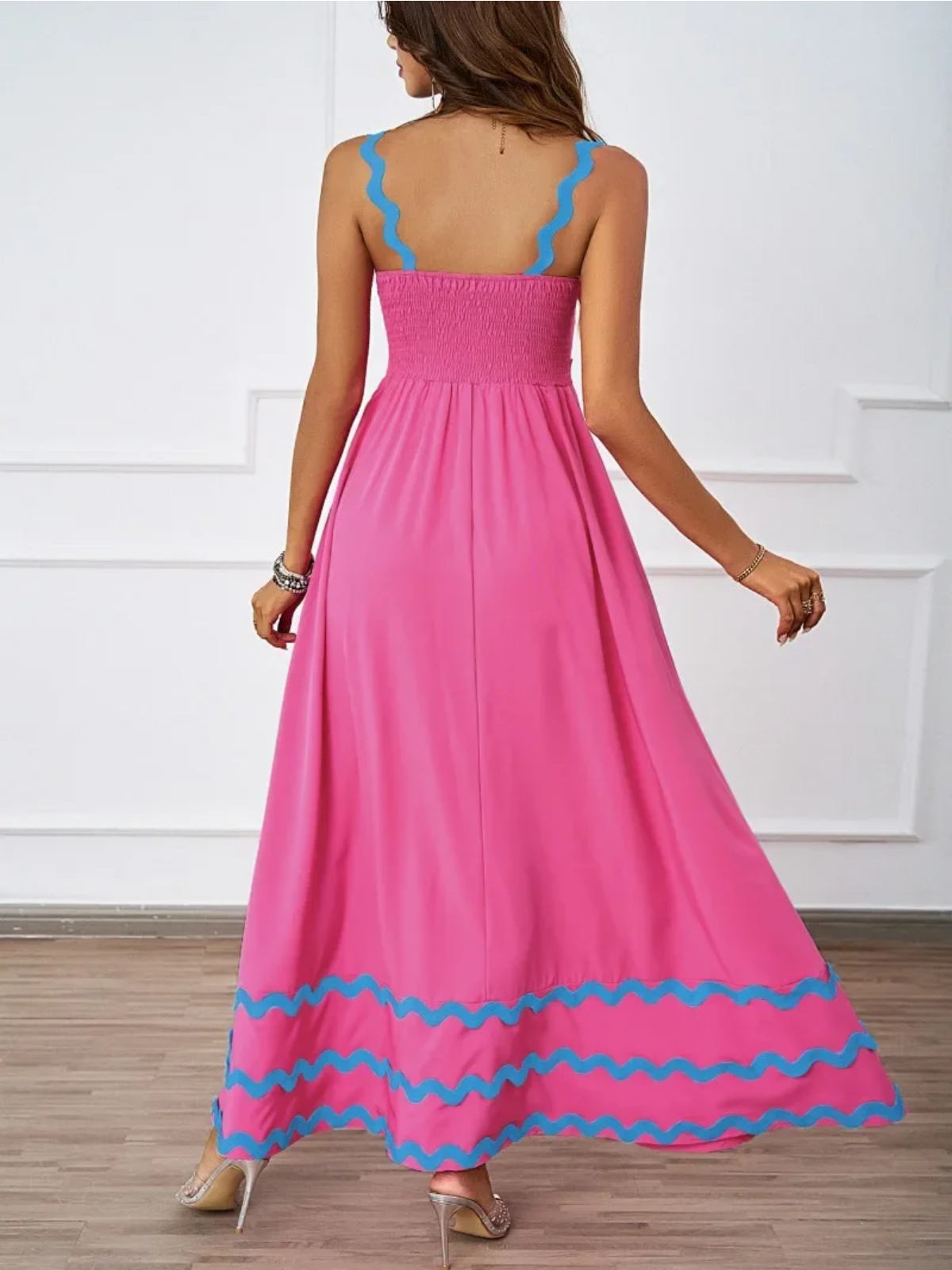 Holiday High Waist Backless Sleeveless Contrast Colors Maxi Dress