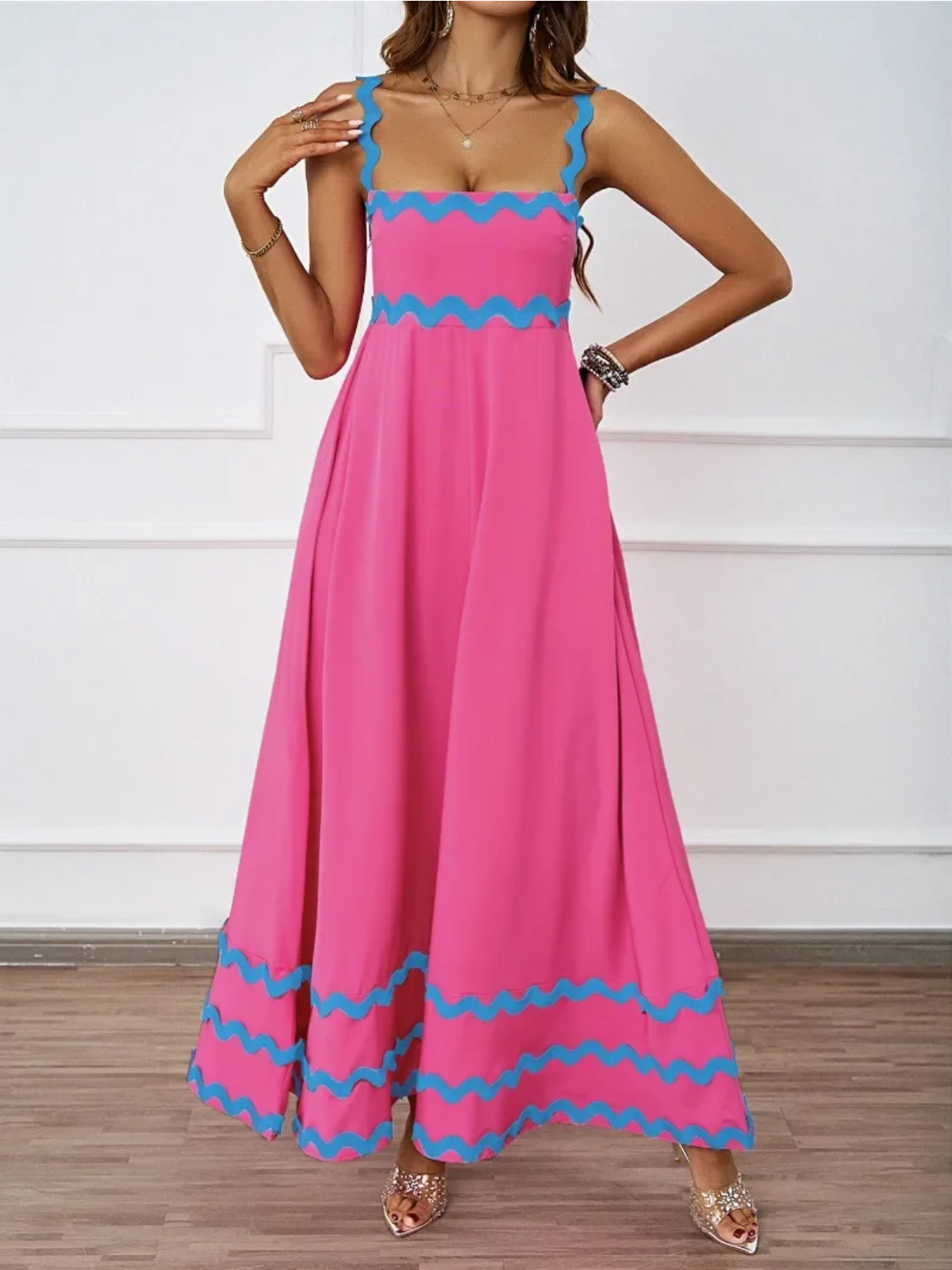 Holiday High Waist Backless Sleeveless Contrast Colors Maxi Dress
