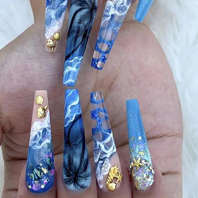 24Pcs Rhinestone Glitter Marble Grain Design Full Cover Press on Nails