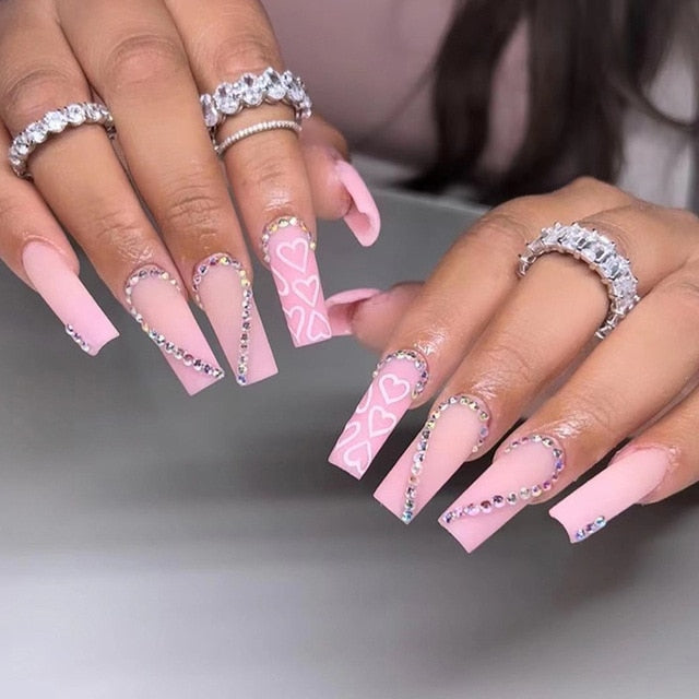 24Pcs Rhinestone Glitter Marble Grain Design Full Cover Press on Nails