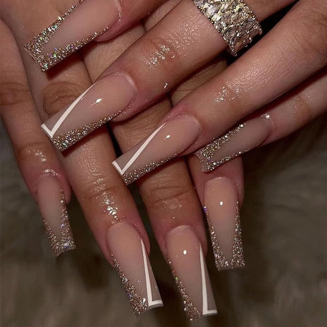 24Pcs Rhinestone Glitter Marble Grain Design Full Cover Press on Nails
