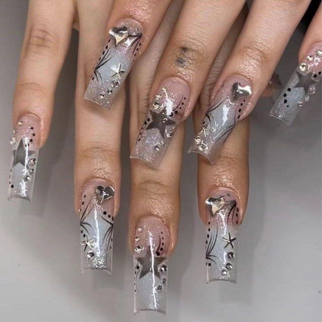 24Pcs Rhinestone Glitter Marble Grain Design Full Cover Press on Nails