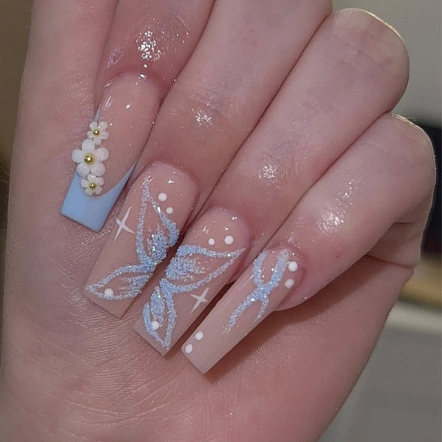24Pcs Rhinestone Glitter Marble Grain Design Full Cover Press on Nails
