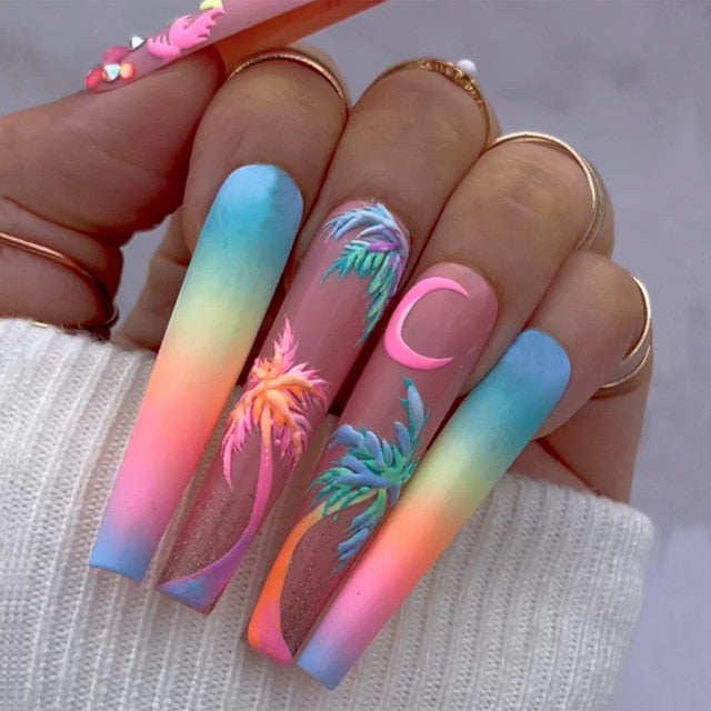 24Pcs Rhinestone Glitter Marble Grain Design Full Cover Press on Nails
