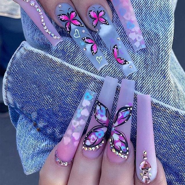 24Pcs Rhinestone Glitter Marble Grain Design Full Cover Press on Nails