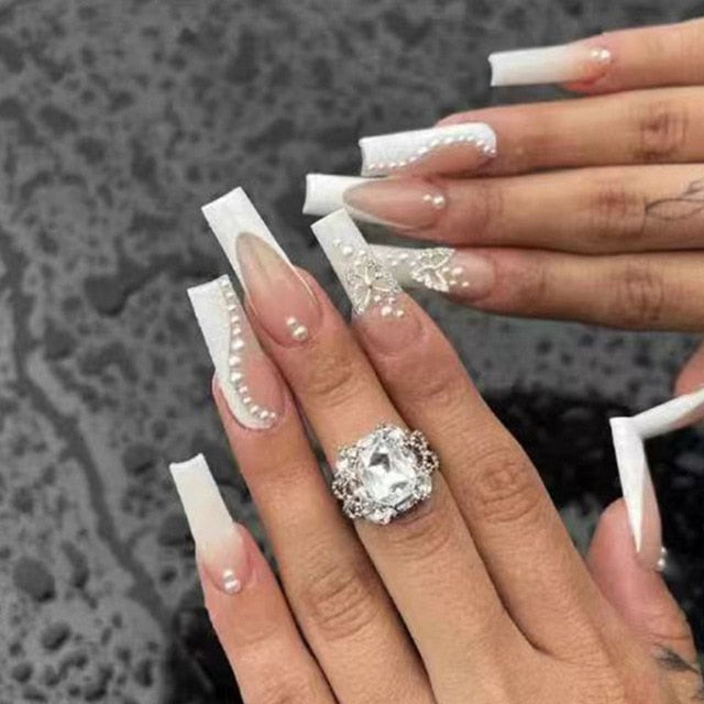 24Pcs Rhinestone Glitter Marble Grain Design Full Cover Press on Nails