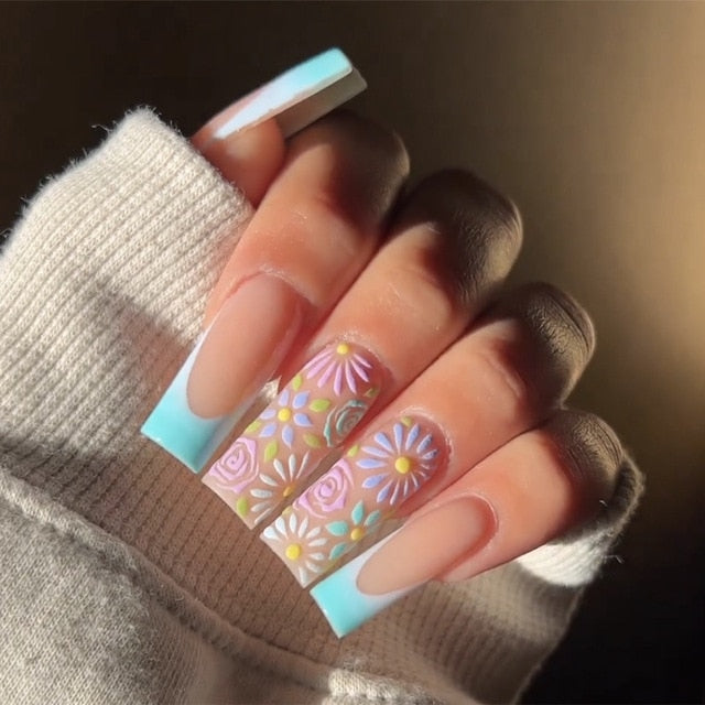 24Pcs Rhinestone Glitter Marble Grain Design Full Cover Press on Nails