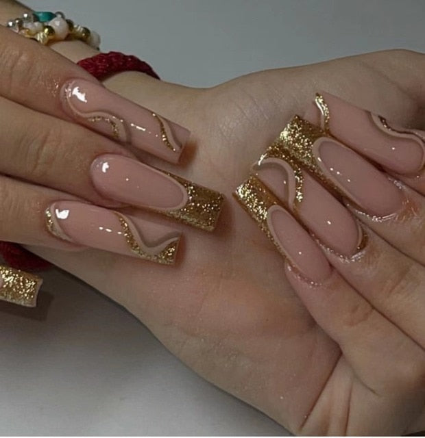 24Pcs Rhinestone Glitter Marble Grain Design Full Cover Press on Nails