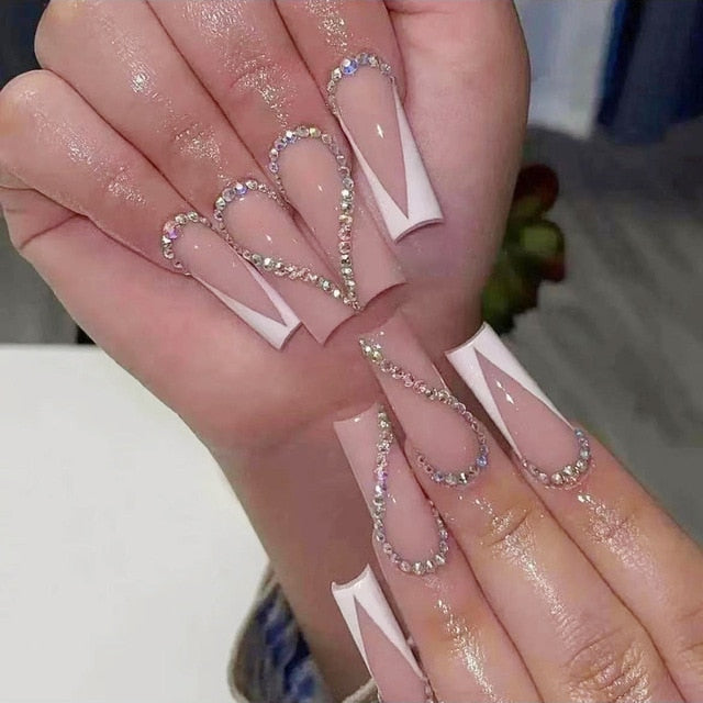 24Pcs Rhinestone Glitter Marble Grain Design Full Cover Press on Nails