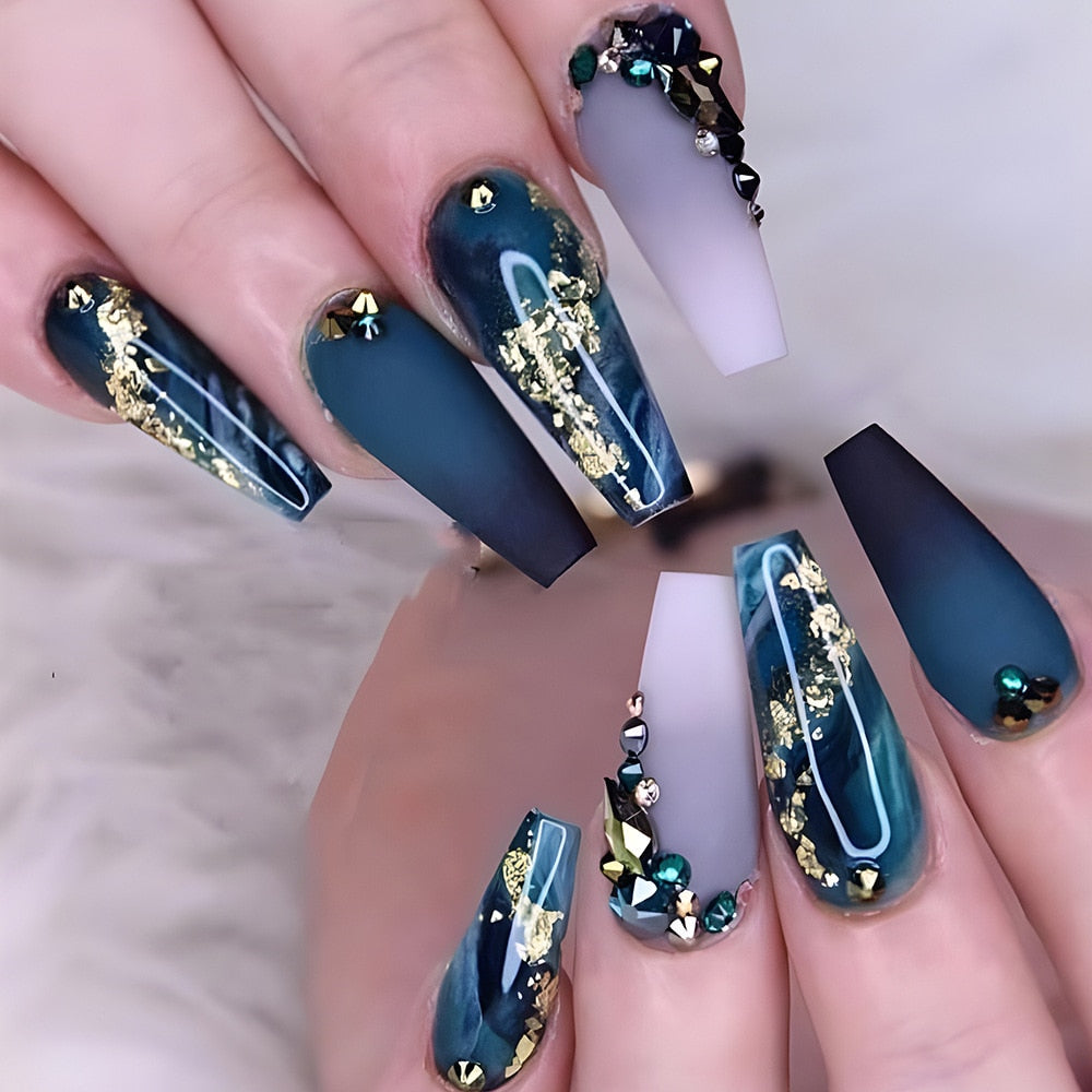 24Pcs Rhinestone Glitter Marble Grain Design Full Cover Press on Nails