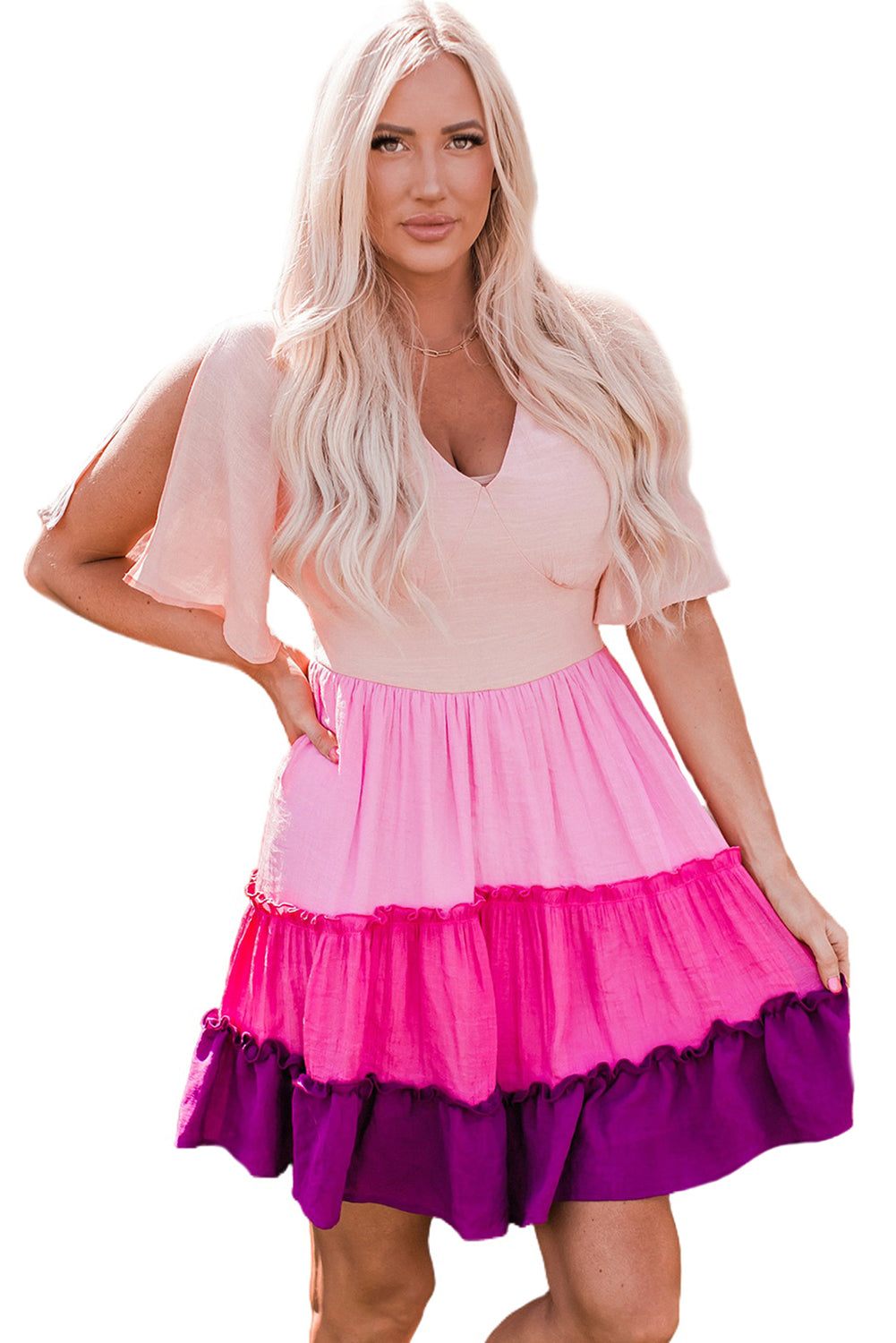 Pink Ombre Colorblock Tiered Dress