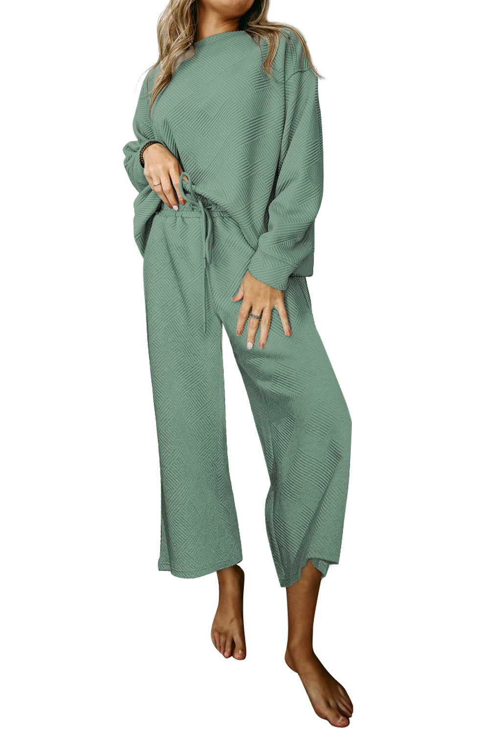 Black Textured Loose Slouchy Long Sleeve Top and Pants Set