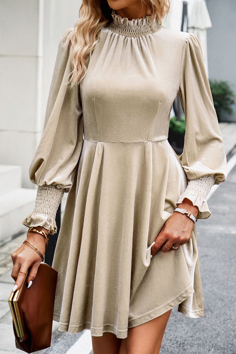 Apricot Shirred Collar Bubble Sleeve Mini Dress