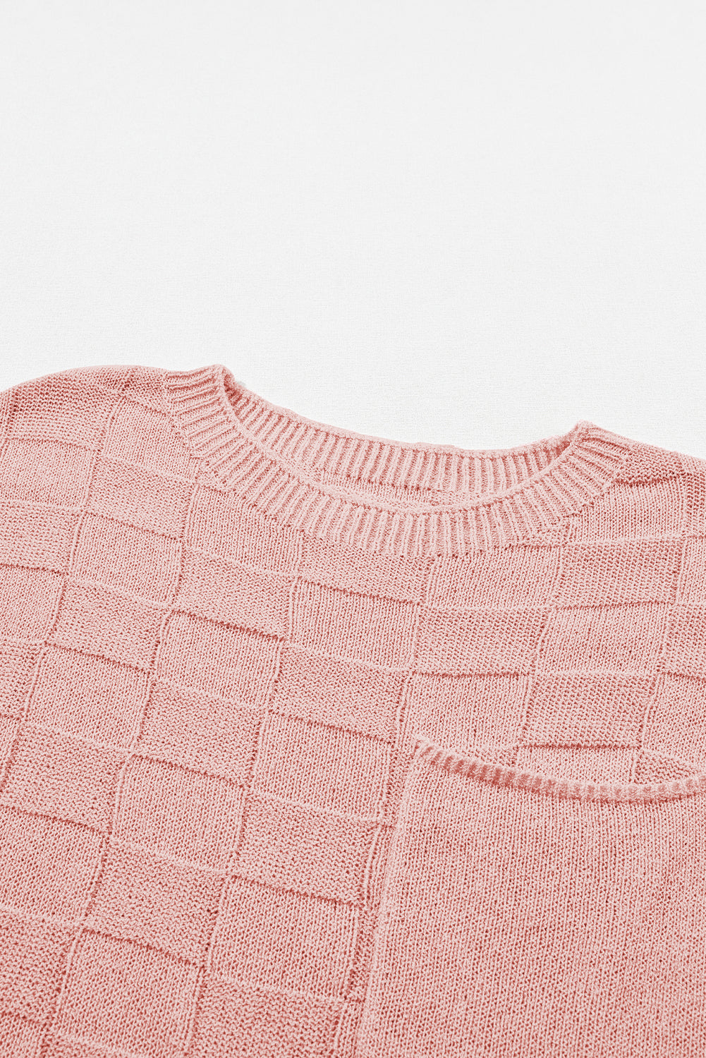 Dusty Pink Lattice Textured Knit Short Sleeve Baggy Sweater