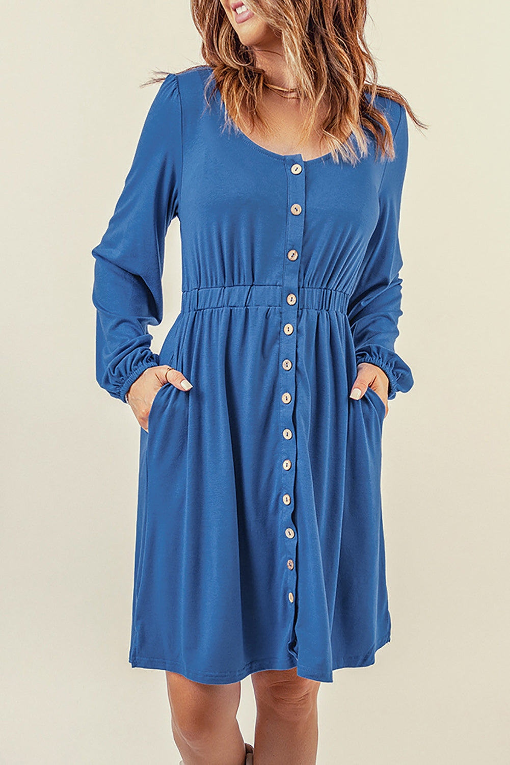 Blue Button Up High Waist Long Sleeve Dress