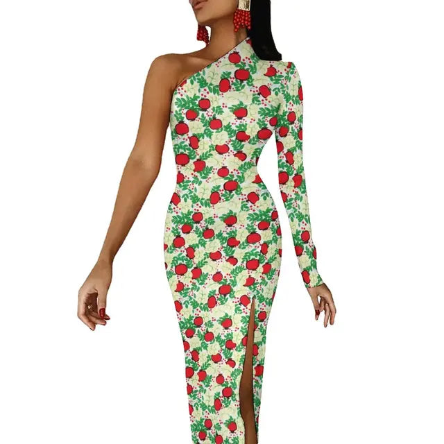 Long Sleeve Pattern Fruit Print Retro High Slit Bodycon Dress