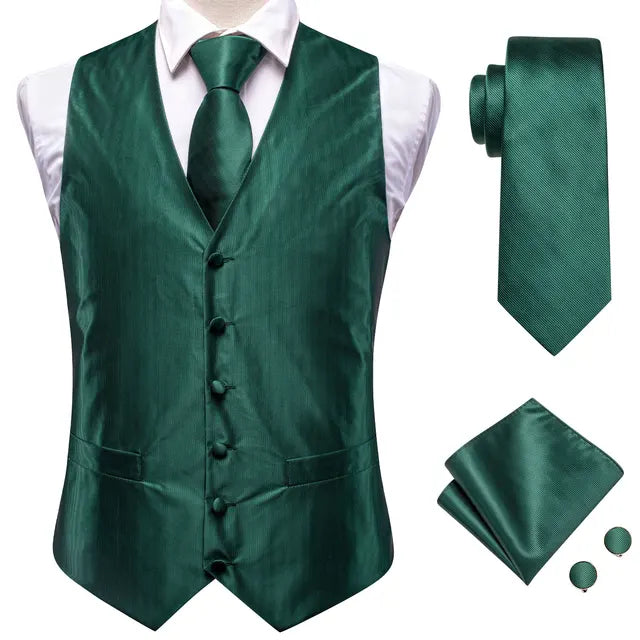 Solid Silk Suit Vests 4PC Woven Waistcoat Tie Pocket Square Cufflinks 2