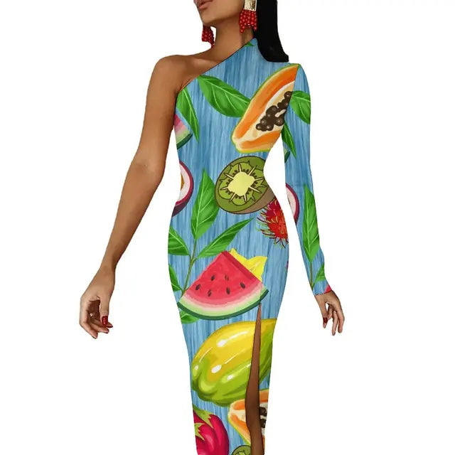 Long Sleeve Pattern Fruit Print Retro High Slit Bodycon Dress