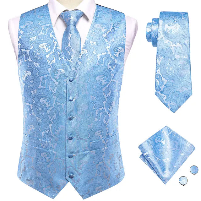 Solid Silk Suit Vests 4PC Woven Waistcoat Tie Pocket Square Cufflinks 2