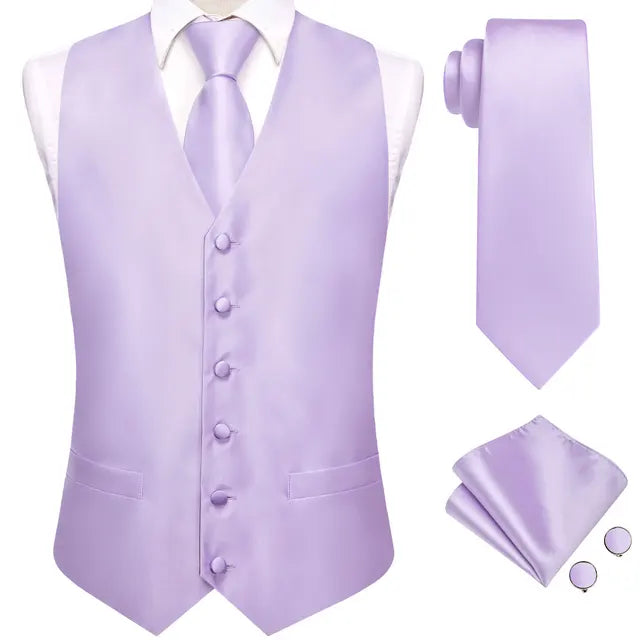 Solid Silk Suit Vests 4PC Woven Waistcoat Tie Pocket Square Cufflinks 2