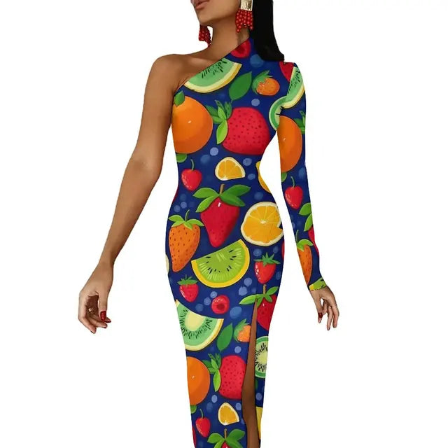 Long Sleeve Pattern Fruit Print Retro High Slit Bodycon Dress