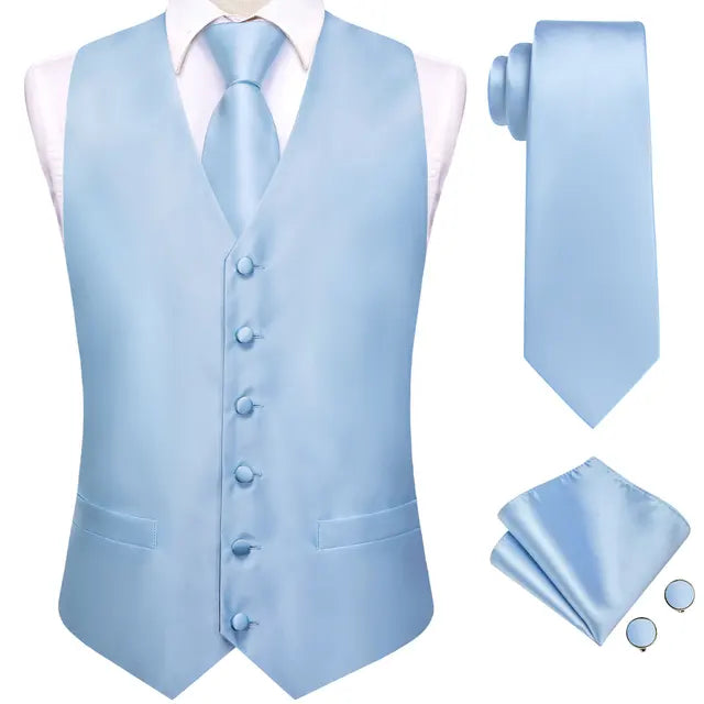 Solid Silk Suit Vests 4PC Woven Waistcoat Tie Pocket Square Cufflinks 2