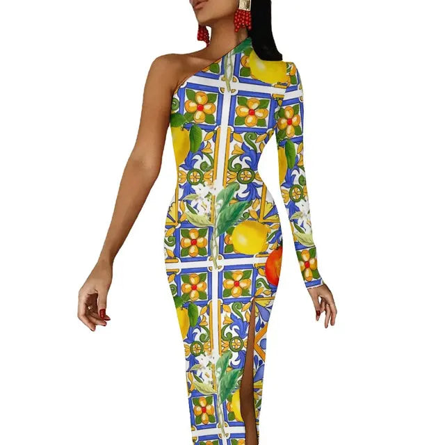 Long Sleeve Pattern Fruit Print Retro High Slit Bodycon Dress