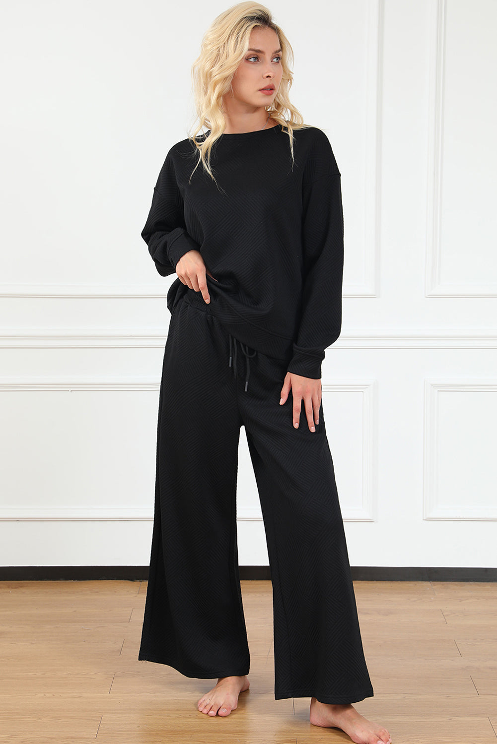 Black Textured Loose Slouchy Long Sleeve Top and Pants Set