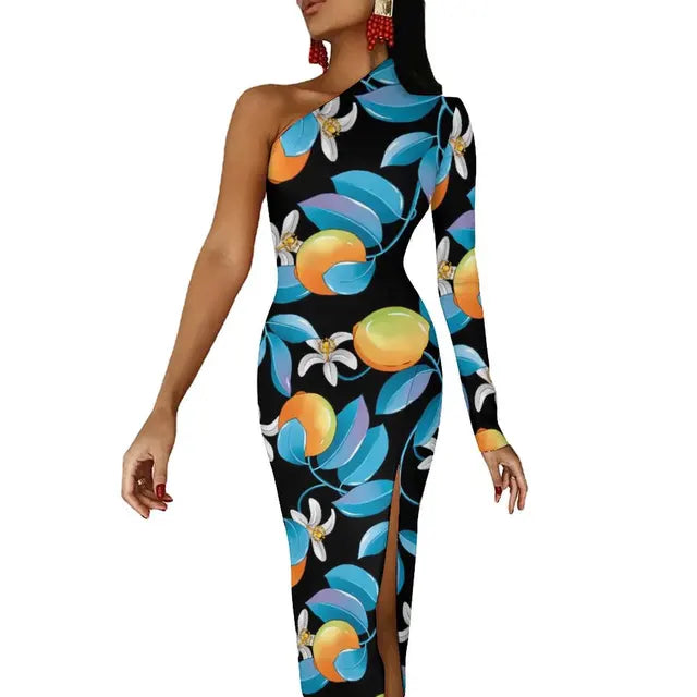 Long Sleeve Pattern Fruit Print Retro High Slit Bodycon Dress