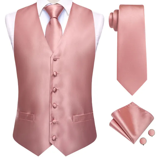 Solid Silk Suit Vests 4PC Woven Waistcoat Tie Pocket Square Cufflinks 2