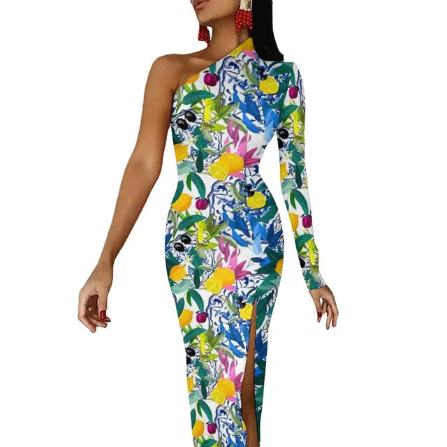 Long Sleeve Pattern Fruit Print Retro High Slit Bodycon Dress