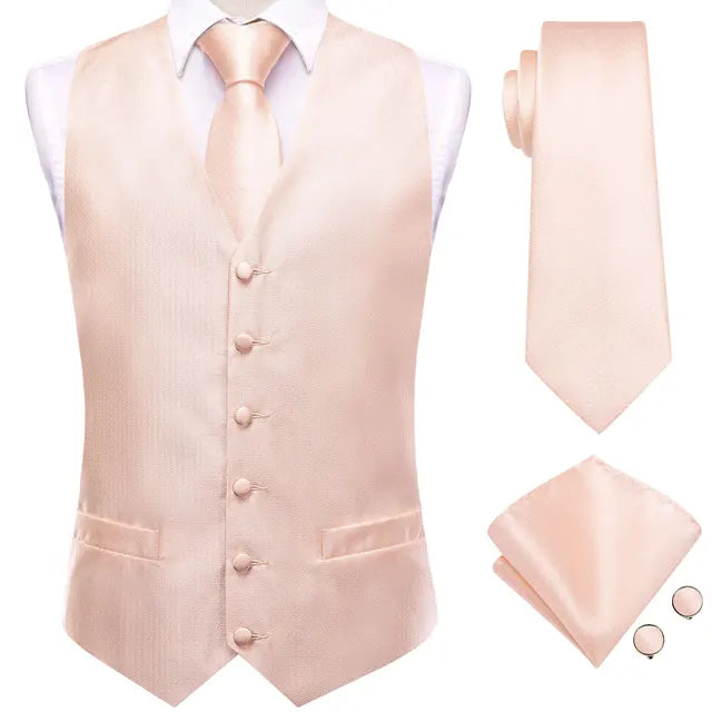 Solid Silk Suit Vests 4PC Woven Waistcoat Tie Pocket Square Cufflinks 2