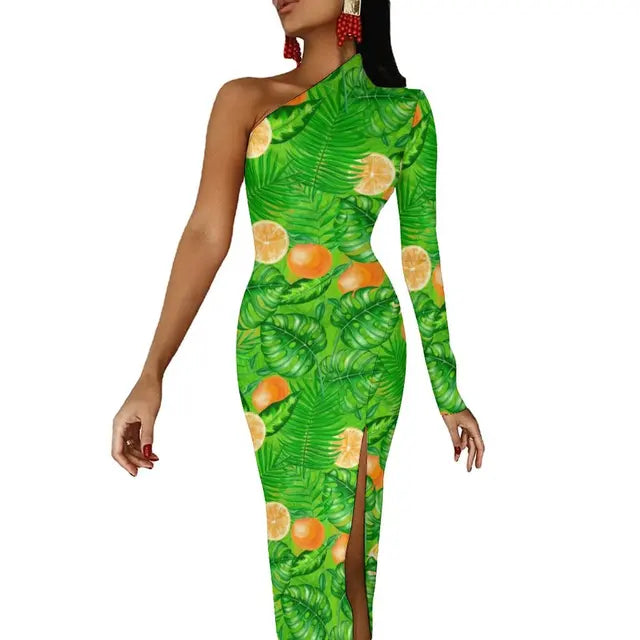 Long Sleeve Pattern Fruit Print Retro High Slit Bodycon Dress