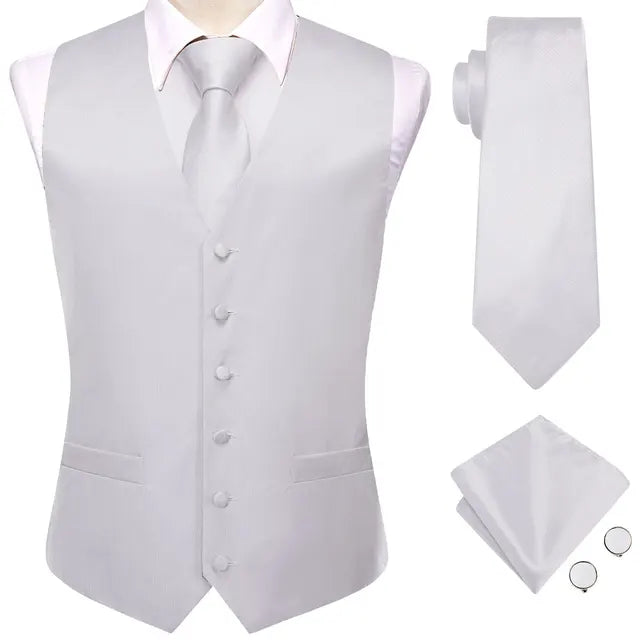 Solid Silk Suit Vests 4PC Woven Waistcoat Tie Pocket Square Cufflinks 2