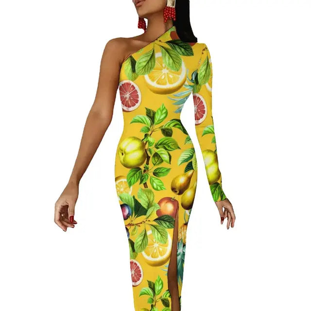 Long Sleeve Pattern Fruit Print Retro High Slit Bodycon Dress