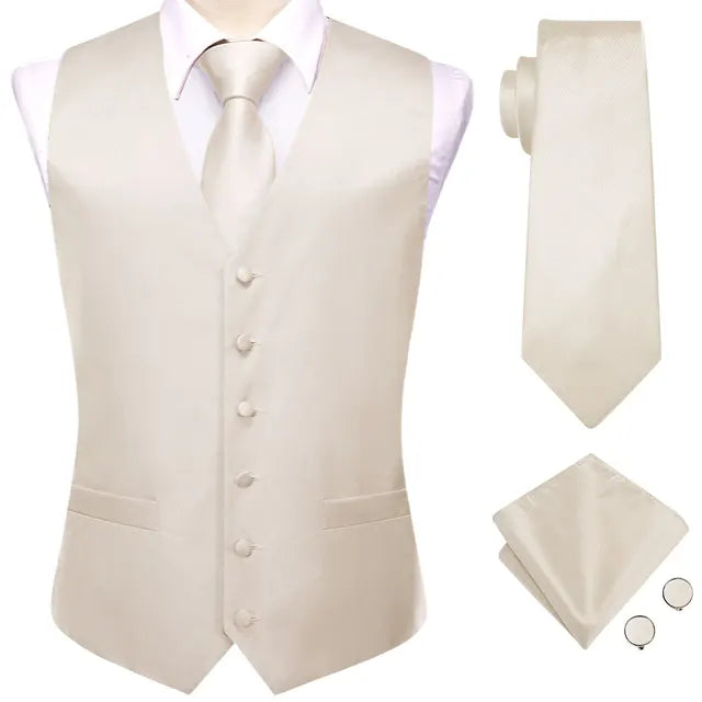 Solid Silk Suit Vests 4PC Woven Waistcoat Tie Pocket Square Cufflinks 2