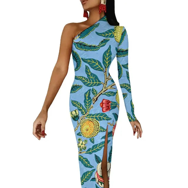 Long Sleeve Pattern Fruit Print Retro High Slit Bodycon Dress